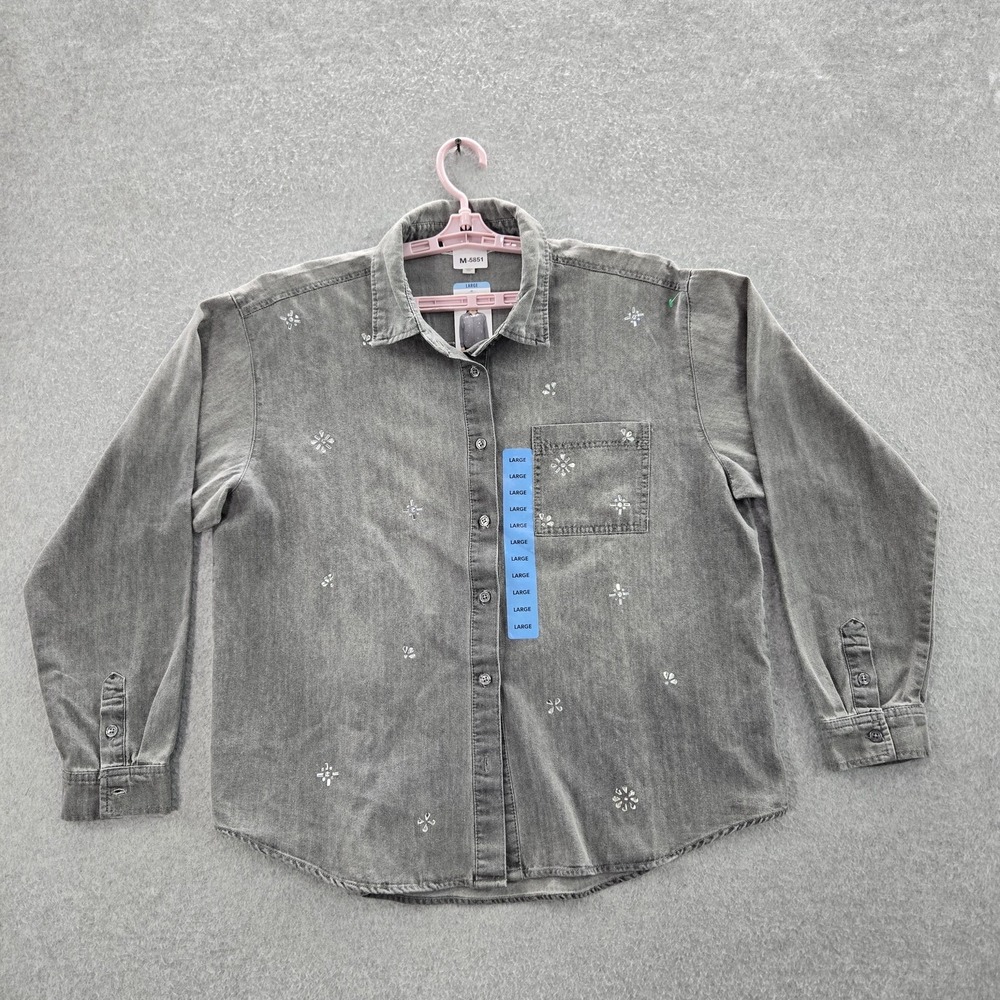 Seven7 Women Button Up Shirt‎ L Gray Denim Embroidered Collared Front NWT